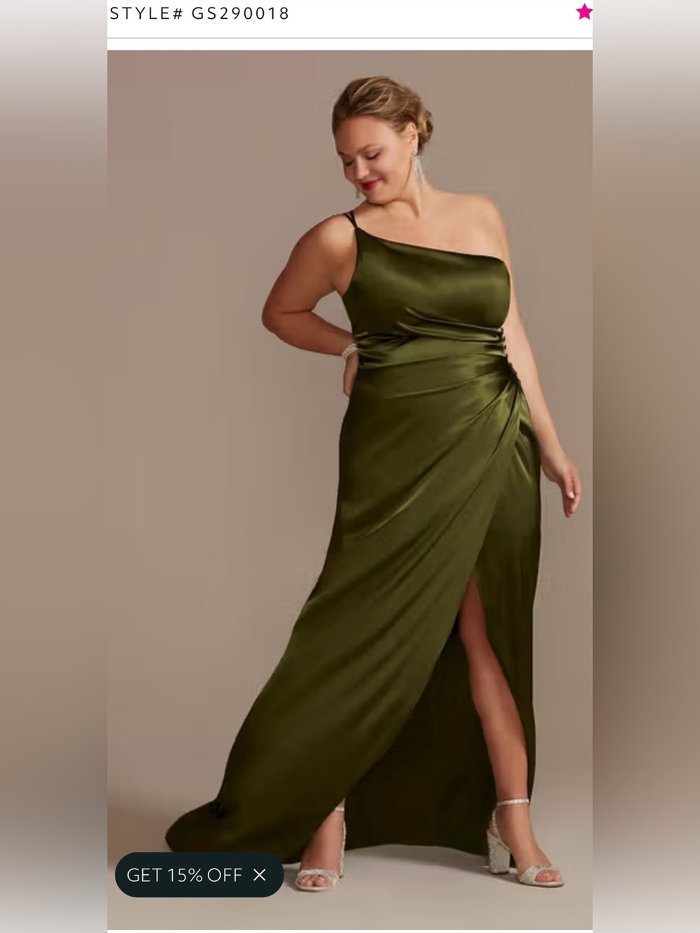 David's Bridal Olive One-Shoulder Satin Gown
